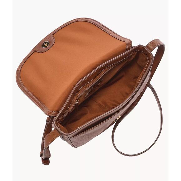 Fossil Emery Leather Saddle Bag Crossbody Medium Brown Pebbled Leather $195 NWT - Picture 4 of 4